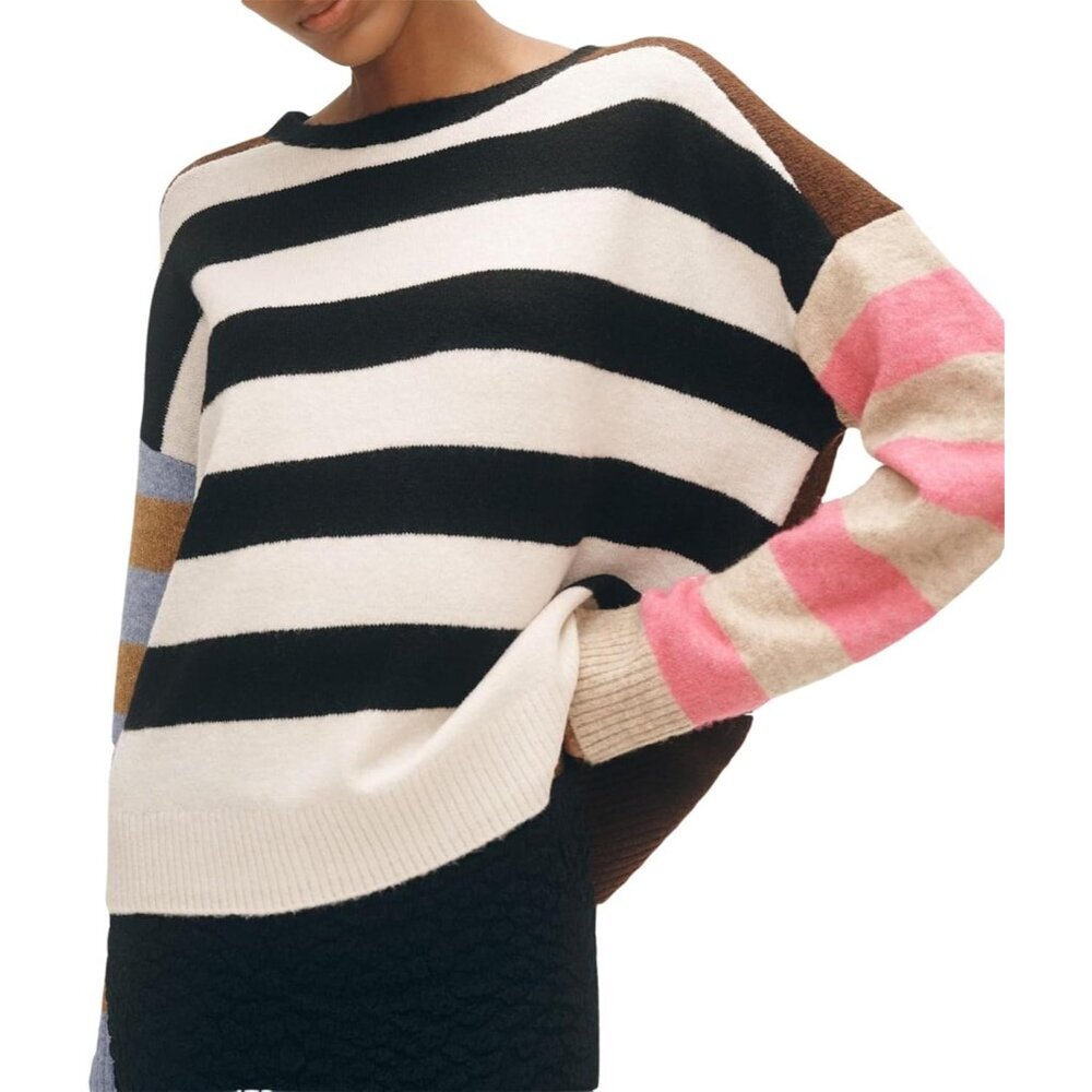 Oversized Women's Striped Sweater Knit Crewneck Color Block Batwing Sleeve